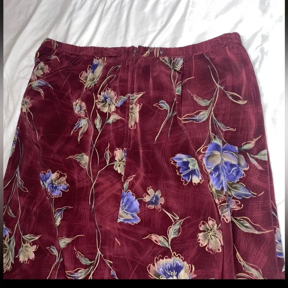 Wine Red Whimsigoth Botanical Floral Print Aline Midi Skirt Size 14